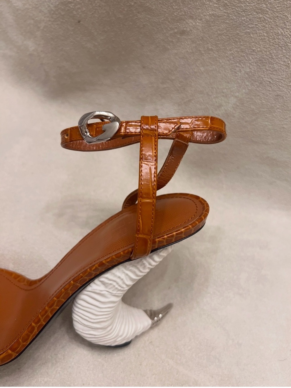 Givenchy Tan Croc-Effect Ankle-Strap Heels with Crocodile Embossed Horn Sandals - Picture 3 of 10